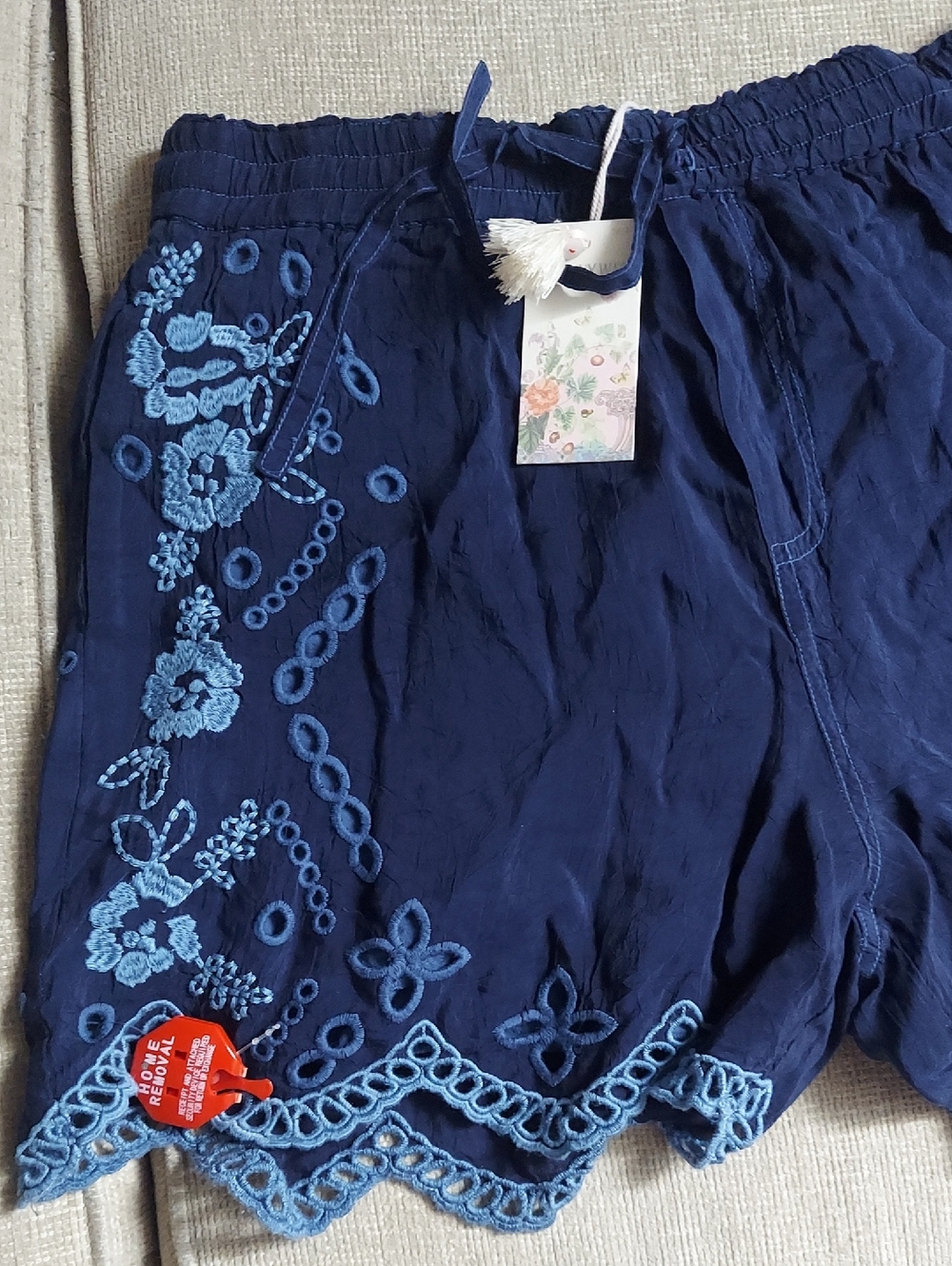 Johnny Was Navy Scalloped Embroidered Shorts with Light Blue Accents - Picture 3 of 4